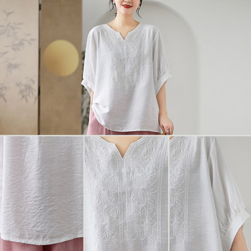 Diseño de bordado de flores de Buddha Stones, camiseta de algodón y lino de media manga - image 19