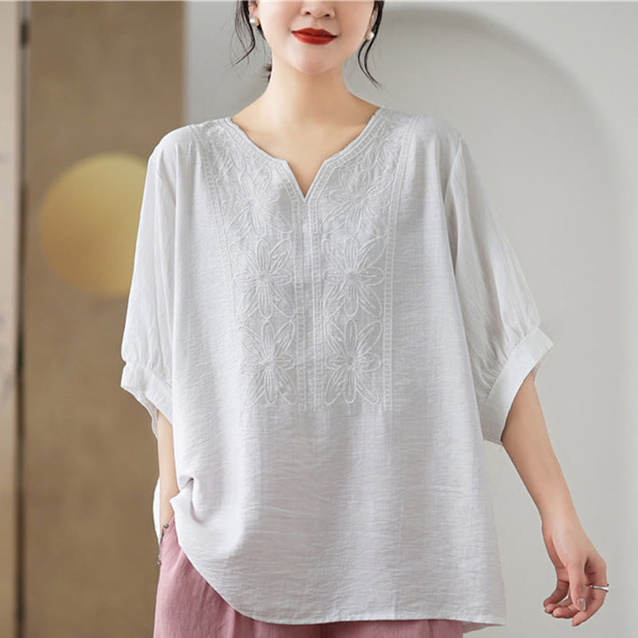 Diseño de bordado de flores de Buddha Stones, camiseta de algodón y lino de media manga - Blanco - F (Apto para US4-6; UK/AU8-10; EU36-38) - image 15