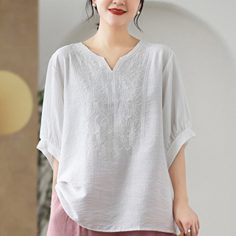 Diseño de bordado de flores de Buddha Stones, camiseta de algodón y lino de media manga - image 21