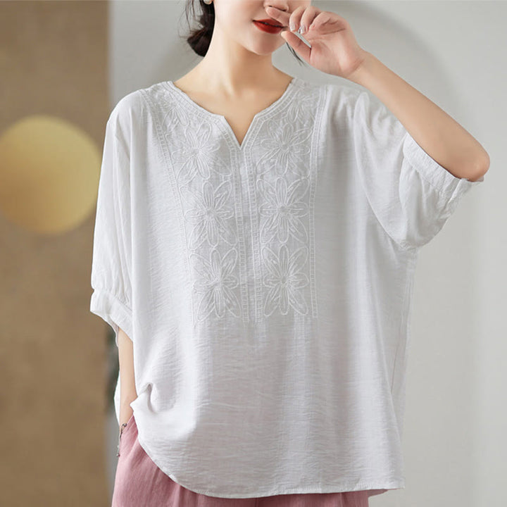 Diseño de bordado de flores de Buddha Stones, camiseta de algodón y lino de media manga - image 17