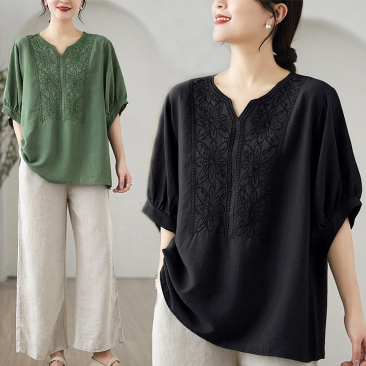 Diseño de bordado de flores de Buddha Stones, camiseta de algodón y lino de media manga - image 14