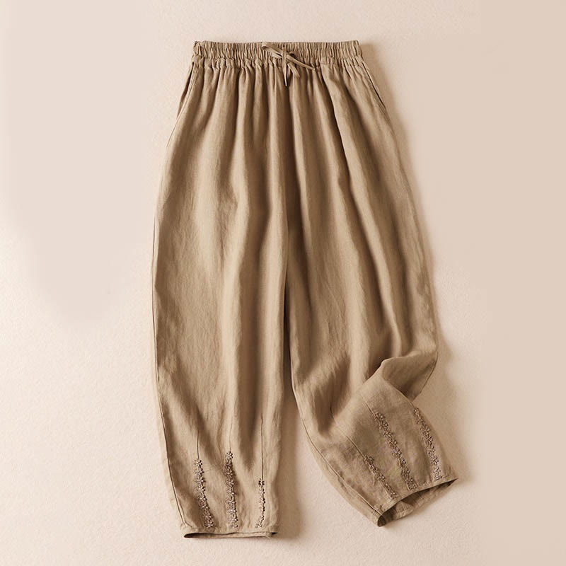 Pantalones harén con bordado de flores pequeñas de verano y bolsillos de Buddha Stones - Trigo - US8-10，UK/AU12-14，EU40-42 (2XL) - image 1