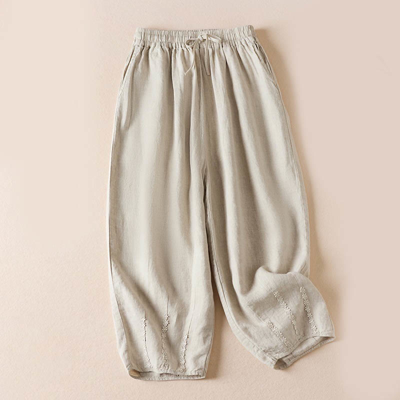 Pantalones harén con bordado de flores pequeñas de verano y bolsillos de Buddha Stones - Lino - US8-10，UK/AU12-14，EU40-42 (2XL) - image 26