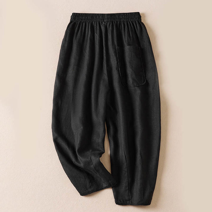 Pantalones harén de lino y algodón con bordado de flores pequeñas de verano con Buddha Stones y bolsillos