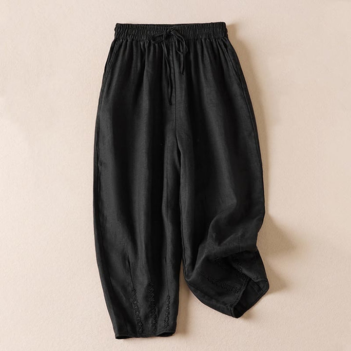 Pantalones harén de lino y algodón con bordado de flores pequeñas de verano con Buddha Stones y bolsillos