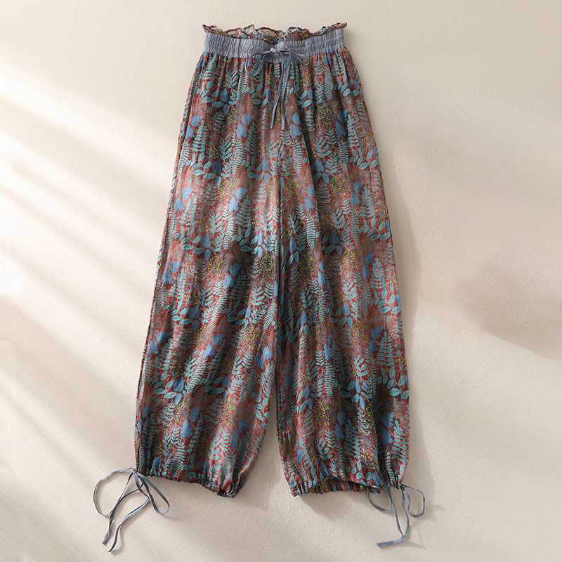 Pantalones de verano con hojas azules y plantas de Buddha Stones para mujer con bolsillos - US8-10，UK/AU12-14，EU40-42 (2XL) - image 0