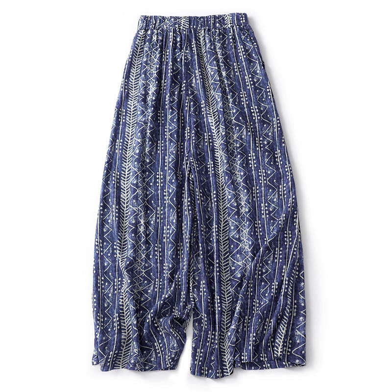 Pantalones anchos de lino y algodón con estampado de rayas azules y Buddha Stones y bolsillos - image 12