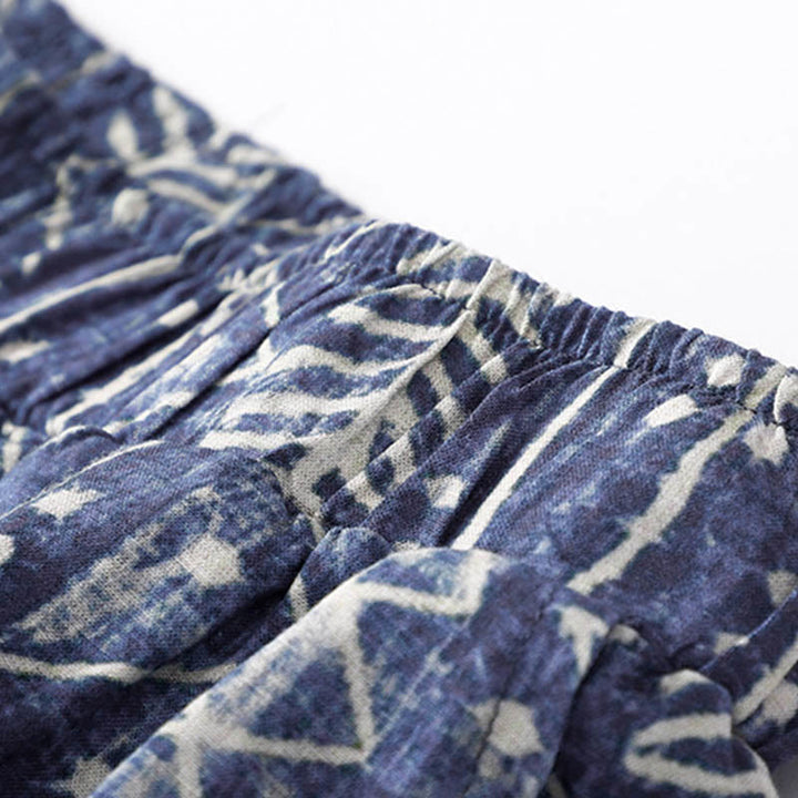Pantalones anchos de lino y algodón con estampado de rayas azules y Buddha Stones y bolsillos - image 5