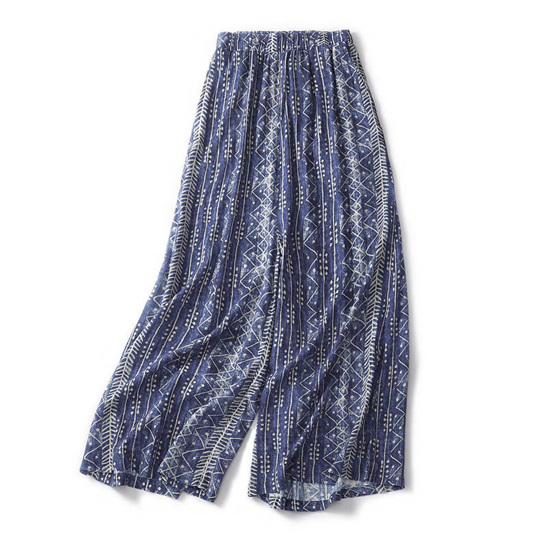 Pantalones anchos de lino y algodón con estampado de rayas azules y Buddha Stones y bolsillos - image 3