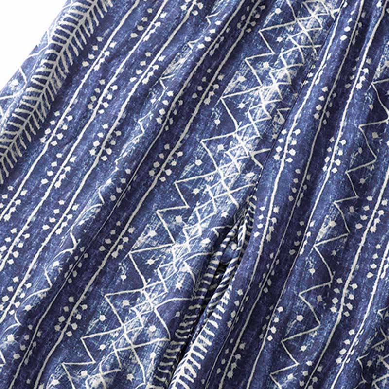 Pantalones anchos de lino y algodón con estampado de rayas azules y Buddha Stones y bolsillos - image 7