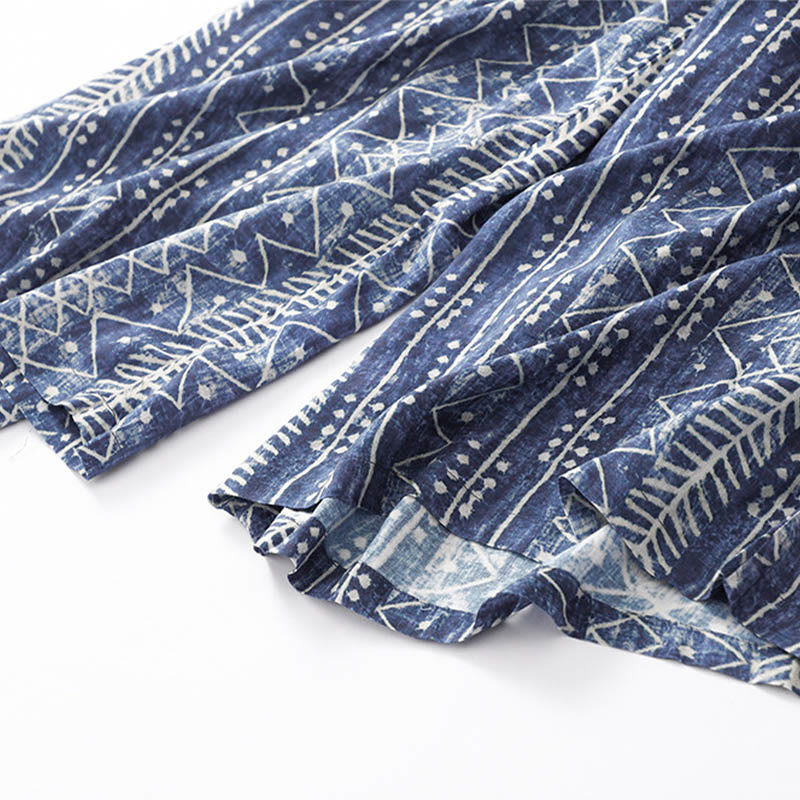 Pantalones anchos de lino y algodón con estampado de rayas azules y Buddha Stones y bolsillos - image 11