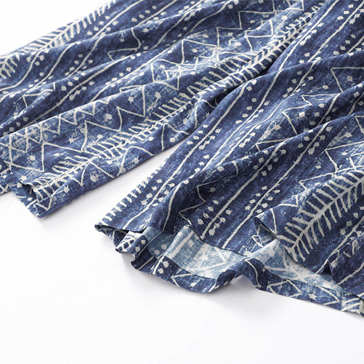 Pantalones anchos de lino y algodón con estampado de rayas azules y Buddha Stones y bolsillos - image 11