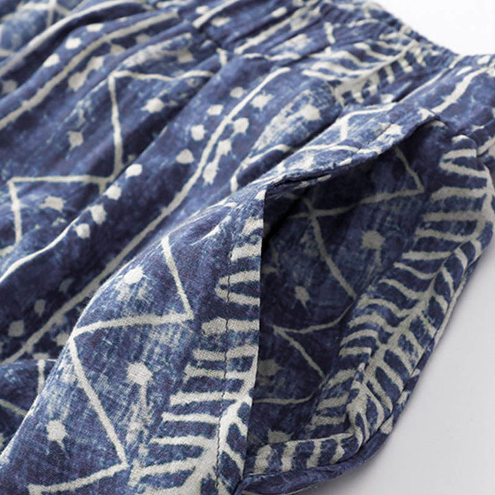 Pantalones anchos de lino y algodón con estampado de rayas azules y Buddha Stones y bolsillos - image 5