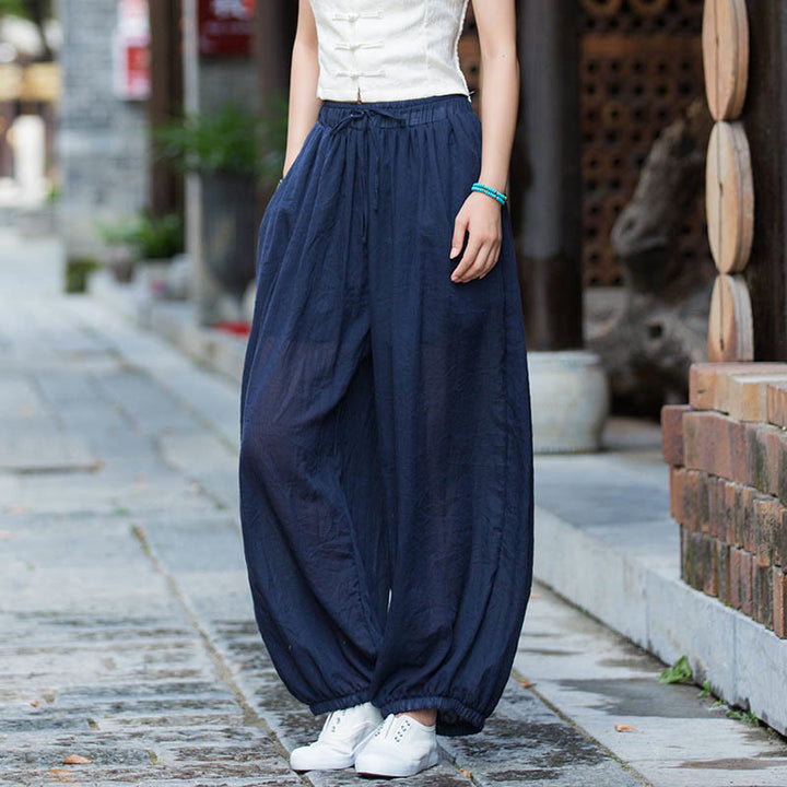 Pantalones de lino con cordón y bolsillos de color liso de verano con Buddha Stones - Azul acero - US4-6, UK/AU8-10, EU36-38 (F) - image 0