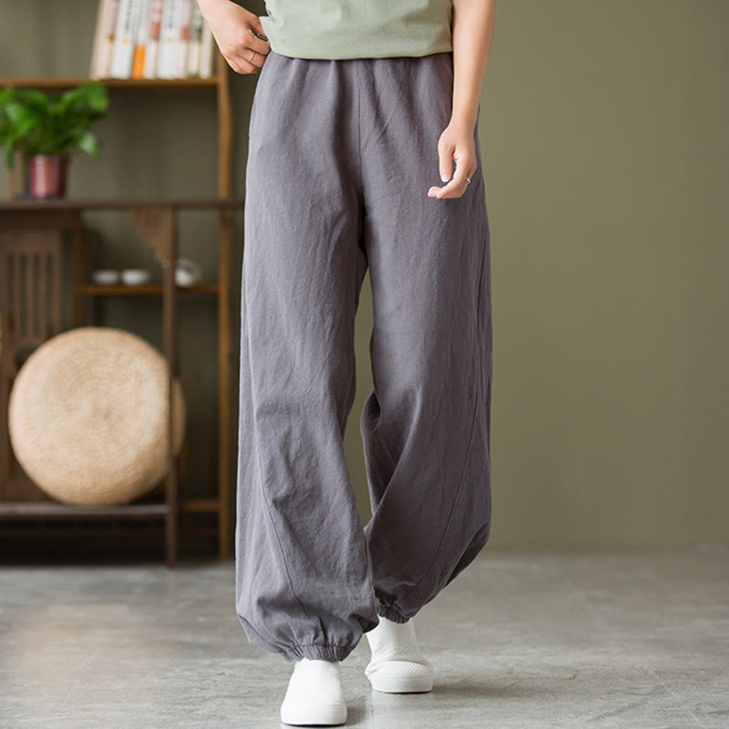 Pantalones de lino y algodón con ramio de color liso con bolsillos y Buddha Stones - Gris oscuro - US4，UK/AU8，EU36 (L) - image 1