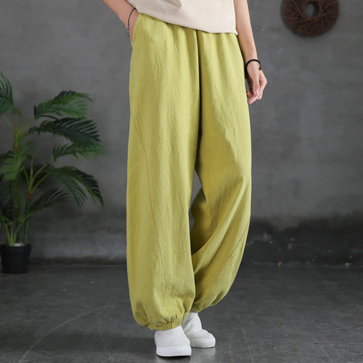Pantalones de lino y algodón con ramio de color liso con bolsillos y Buddha Stones - AmarilloVerde - US4，UK/AU8，EU36 (L) - image 16