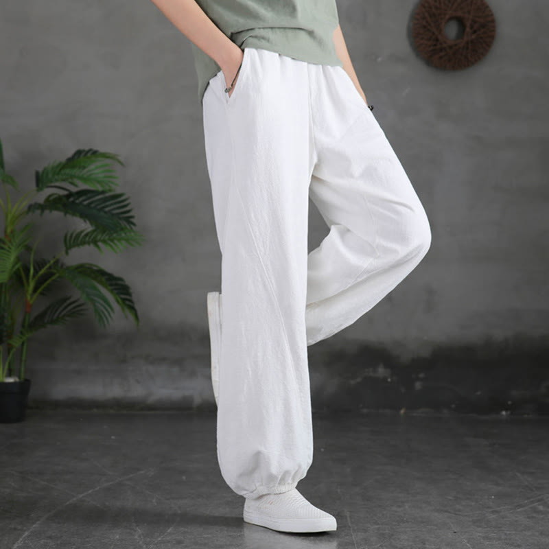 Pantalones de lino y algodón con ramio de color liso con bolsillos y Buddha Stones - Blanco - US4，UK/AU8，EU36 (L) - image 24