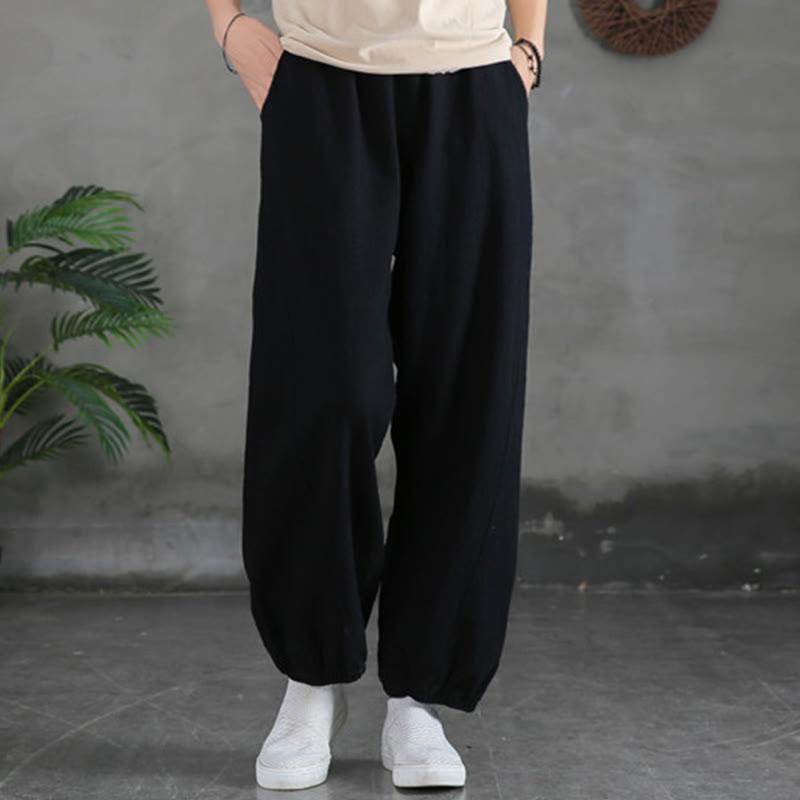 Pantalones de lino y algodón con ramio de color liso con bolsillos y Buddha Stones - Negro - US4，UK/AU8，EU36 (L) - image 35