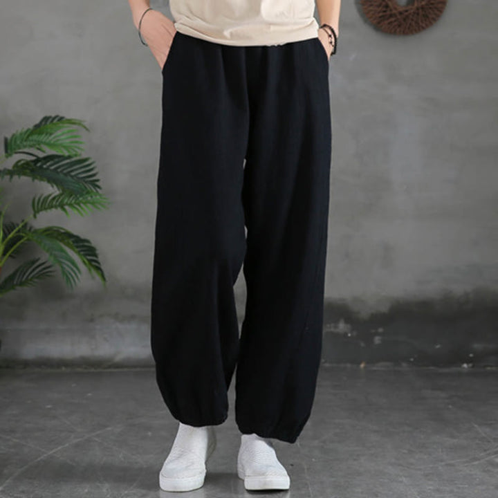 Pantalones de lino y algodón con ramio de color liso con bolsillos y Buddha Stones - Negro - US4，UK/AU8，EU36 (L) - image 35