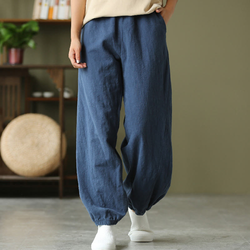 Pantalones de lino y algodón con ramio de color liso con bolsillos y Buddha Stones - Azul acero - US4，UK/AU8，EU36 (L) - image 42