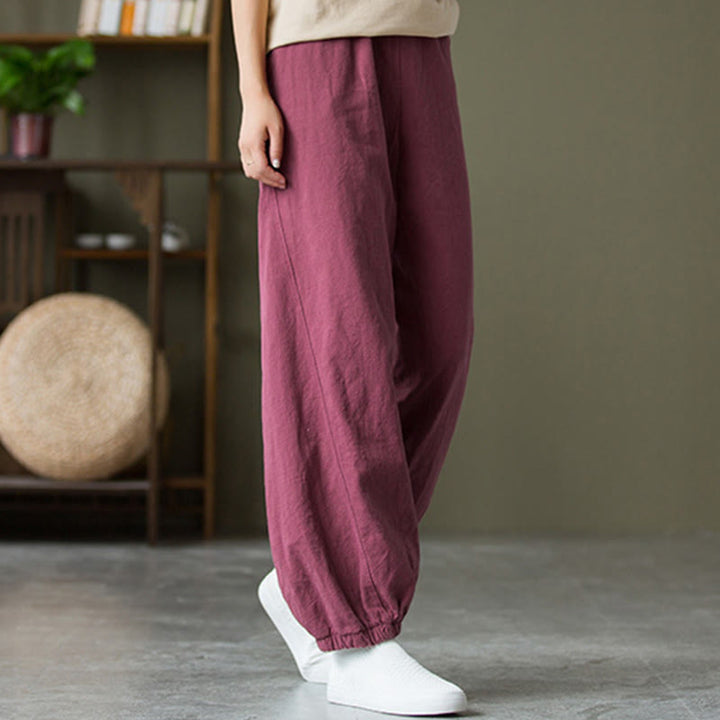 Pantalones de lino y algodón con ramio de color liso con bolsillos y Buddha Stones - Violeta pálido rojo - US4，UK/AU8，EU36 (L) - image 49