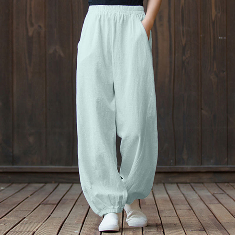 Pantalones de lino y algodón con ramio de color liso con bolsillos y Buddha Stones - Crema de menta - US4，UK/AU8，EU36 (L) - image 59