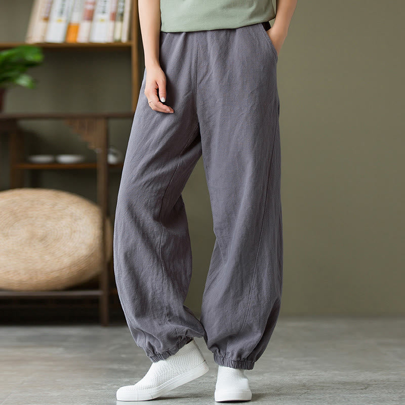 Pantalones de lino y algodón con ramio de color liso con bolsillos y Buddha Stones - image 6