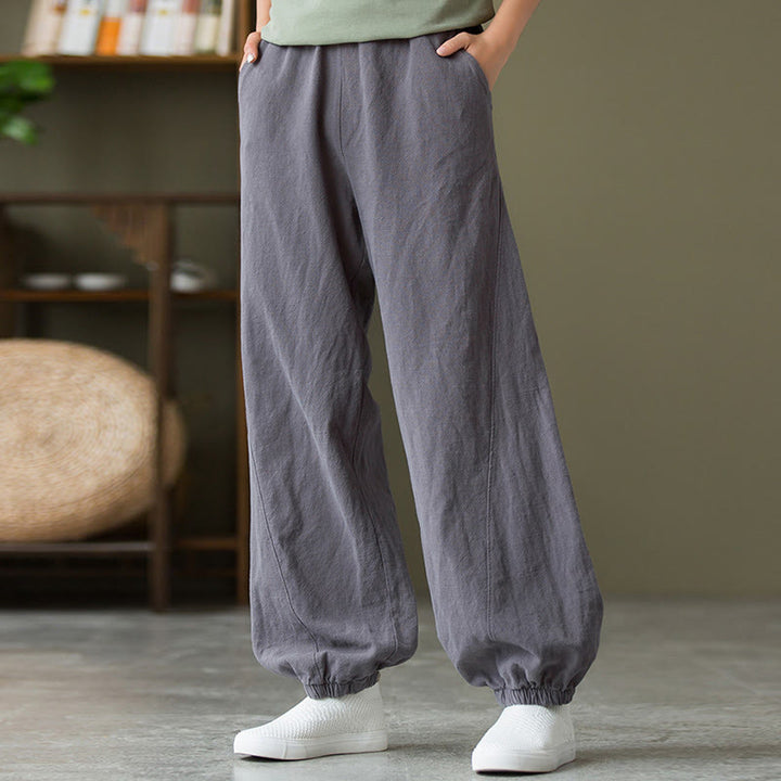 Pantalones de lino y algodón con ramio de color liso con bolsillos y Buddha Stones - image 5