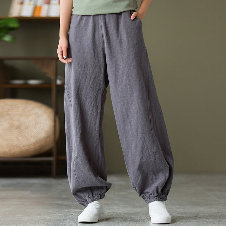 Pantalones de lino y algodón con ramio de color liso con bolsillos y Buddha Stones - image 3