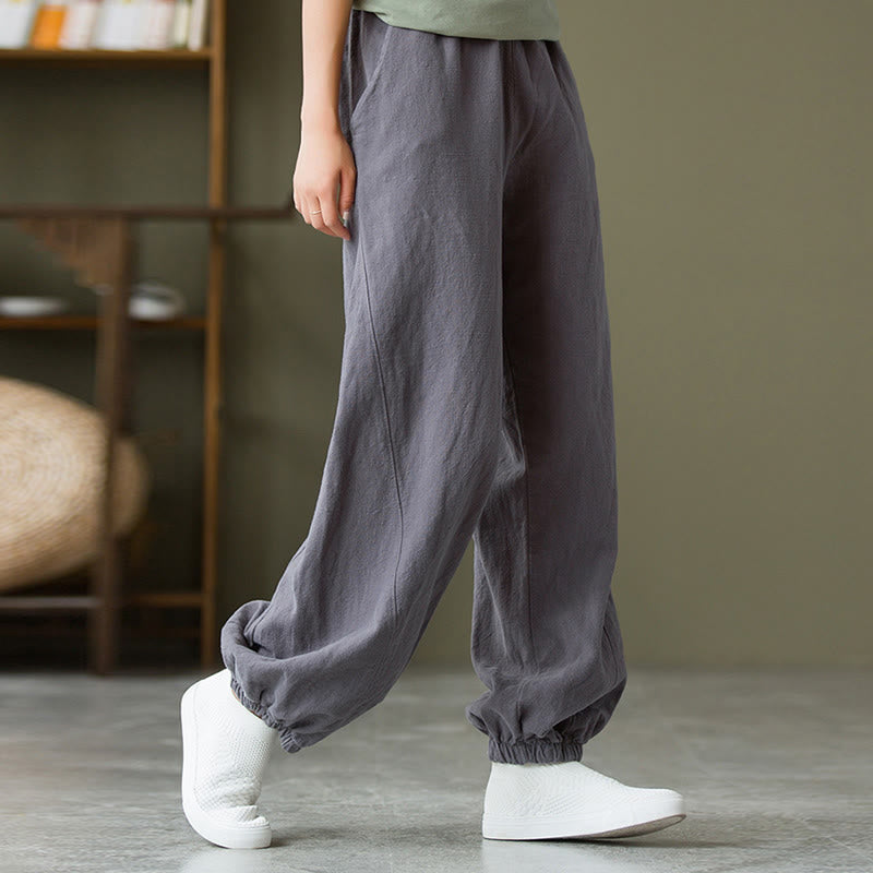 Pantalones de lino y algodón con ramio de color liso con bolsillos y Buddha Stones - image 3