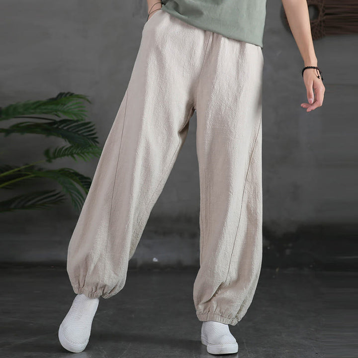 Pantalones de lino y algodón con ramio de color liso con bolsillos y Buddha Stones - image 9