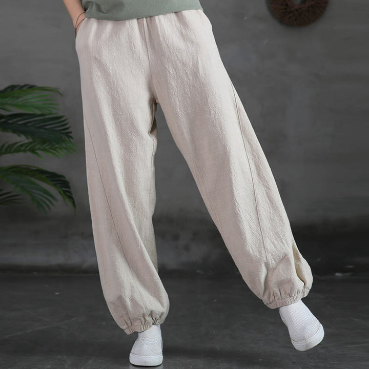 Pantalones de lino y algodón con ramio de color liso con bolsillos y Buddha Stones - image 13