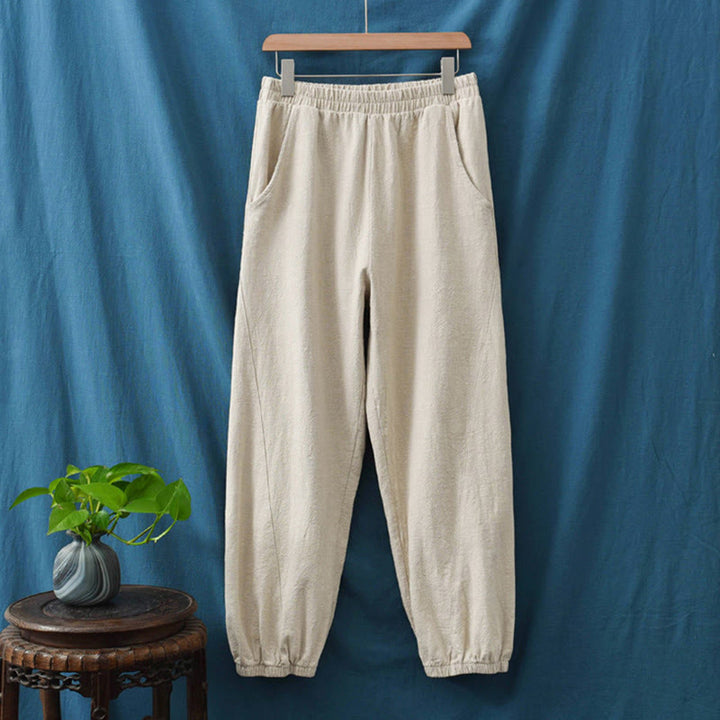Pantalones de lino y algodón con ramio de color liso con bolsillos y Buddha Stones - image 14