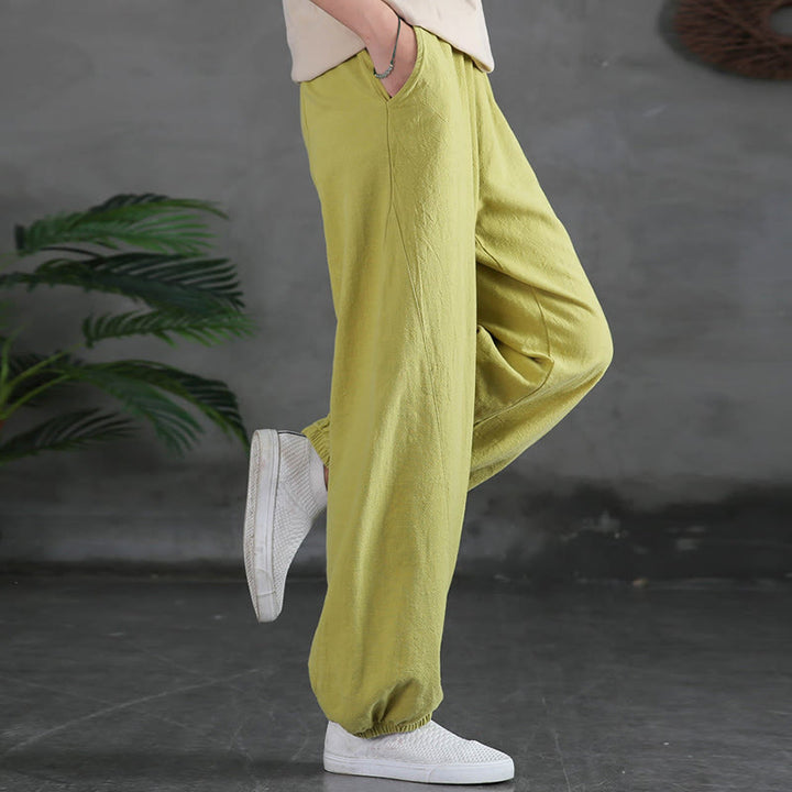 Pantalones de lino y algodón con ramio de color liso con bolsillos y Buddha Stones - image 18