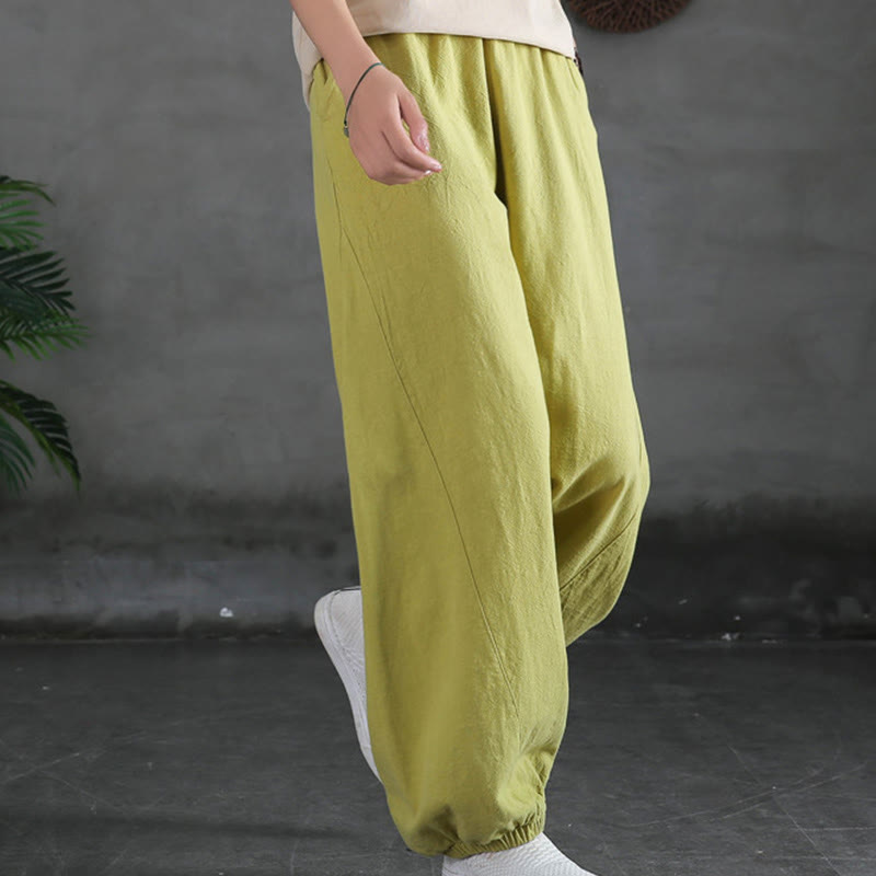 Pantalones de lino y algodón con ramio de color liso con bolsillos y Buddha Stones - image 18
