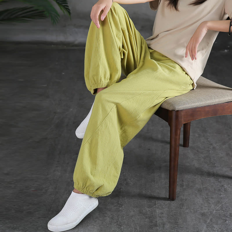 Pantalones de lino y algodón con ramio de color liso con bolsillos y Buddha Stones - image 22
