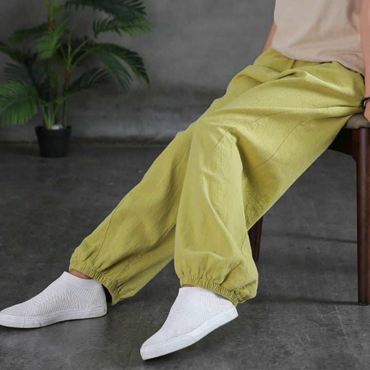 Pantalones de lino y algodón con ramio de color liso con bolsillos y Buddha Stones - image 20