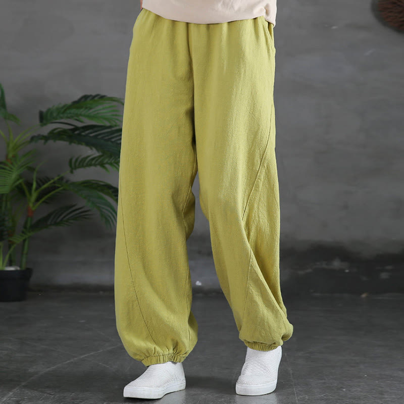 Pantalones de lino y algodón con ramio de color liso con bolsillos y Buddha Stones - image 19