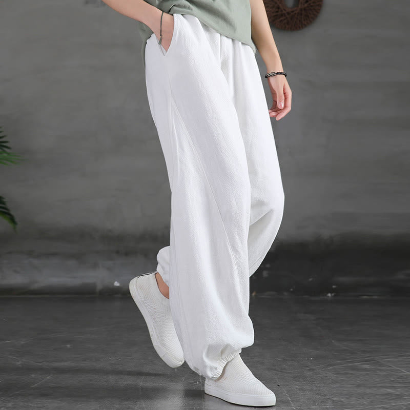 Pantalones de lino y algodón con ramio de color liso con bolsillos y Buddha Stones - image 26