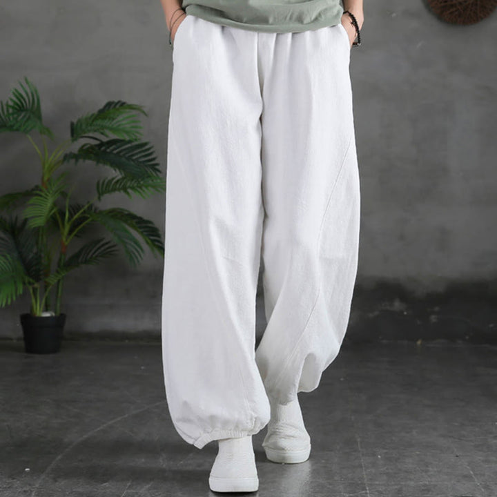 Pantalones de lino y algodón con ramio de color liso con bolsillos y Buddha Stones - image 25