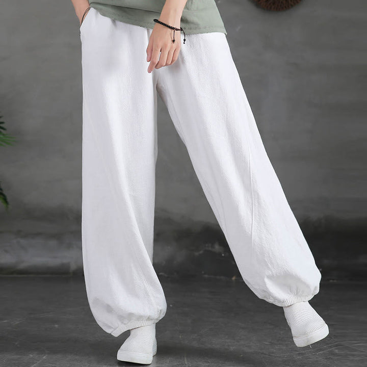 Pantalones de lino y algodón con ramio de color liso con bolsillos y Buddha Stones - image 29