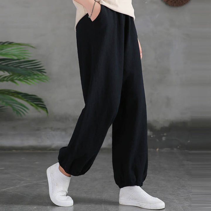 Pantalones de lino y algodón con ramio de color liso con bolsillos y Buddha Stones - image 36