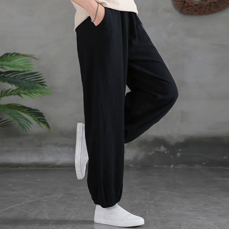 Pantalones de lino y algodón con ramio de color liso con bolsillos y Buddha Stones - image 37
