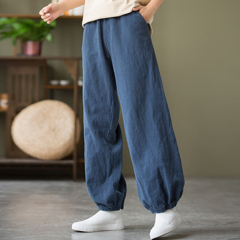 Pantalones de lino y algodón con ramio de color liso con bolsillos y Buddha Stones - image 45