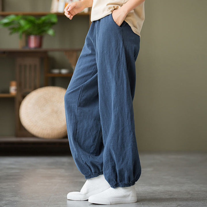 Pantalones de lino y algodón con ramio de color liso con bolsillos y Buddha Stones - image 44
