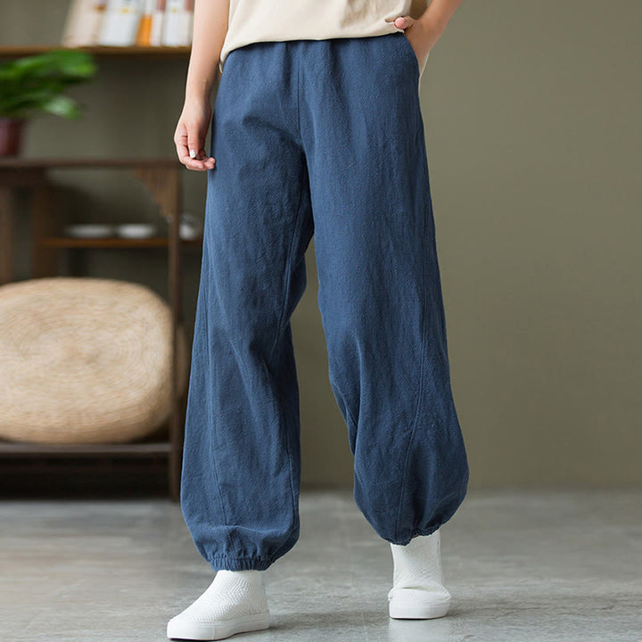 Pantalones de lino y algodón con ramio de color liso con bolsillos y Buddha Stones - image 47