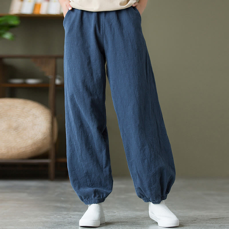 Pantalones de lino y algodón con ramio de color liso con bolsillos y Buddha Stones - image 46