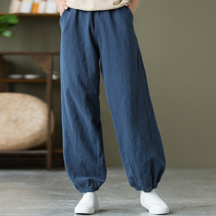 Pantalones de lino y algodón con ramio de color liso con bolsillos y Buddha Stones - image 46
