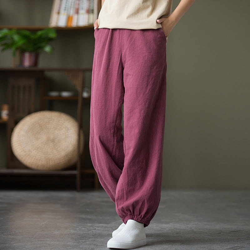 Pantalones de lino y algodón con ramio de color liso con bolsillos y Buddha Stones - image 51