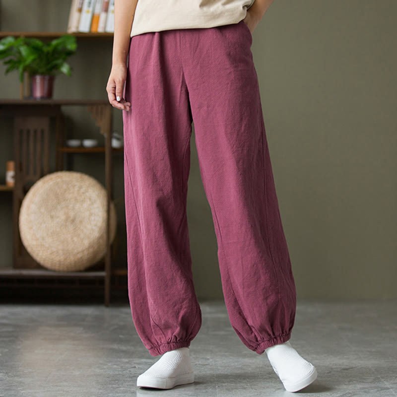 Pantalones de lino y algodón con ramio de color liso con bolsillos y Buddha Stones - image 53